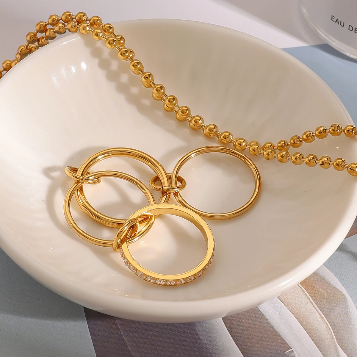 Youthway Trendy Versatile Gold Plated Stainless Steel Four-layer White Zircon Ring For Unisex Waterproof Jewelry 250414