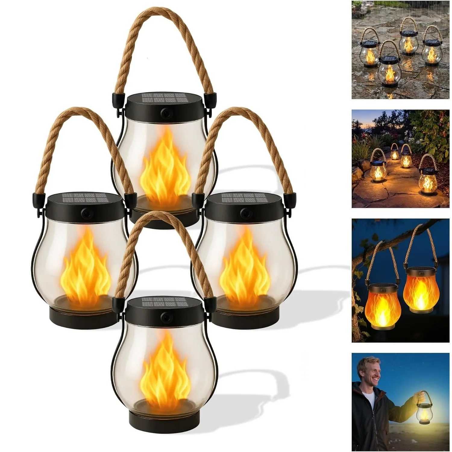 Solar Lantern Outdoor Light Waterproof Dancing Flame Solar Christmas Lights Hemp Rope Hanging Flame Lamp for Garden Yard Decor M251115