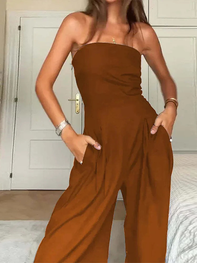 Solid Backless Womens Jumpsuit Solid Off Shoulder Waist Cinching Pockets Wide Leg Pants Lady Bodysuit Summer Female Outwears 250415