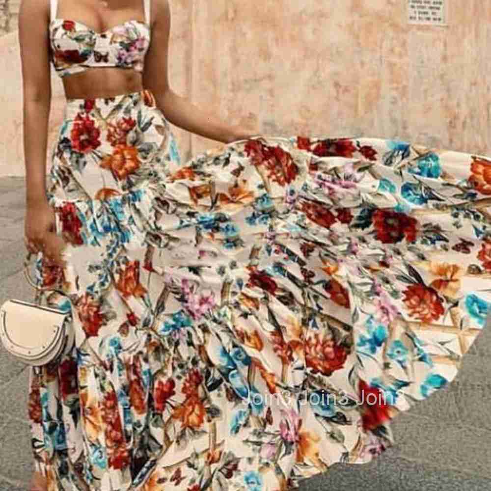 2025 Spring/summer New Womens Clothing Sexy Temperament Strap Printed Dress Set Beach Skirt Two Piece Set