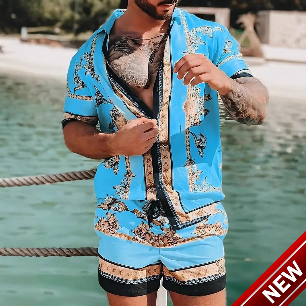 2025 Summer Mens Set Shirt Casual Loose Short Sleeve Shorts Beach Set