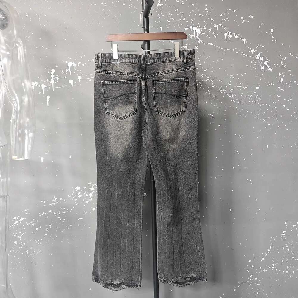 Distressed Niche Design Black Grey Micro Flared Jeans Men's Loose Trend Straight Hole Bottom Casual Denim Trousers 28W5868