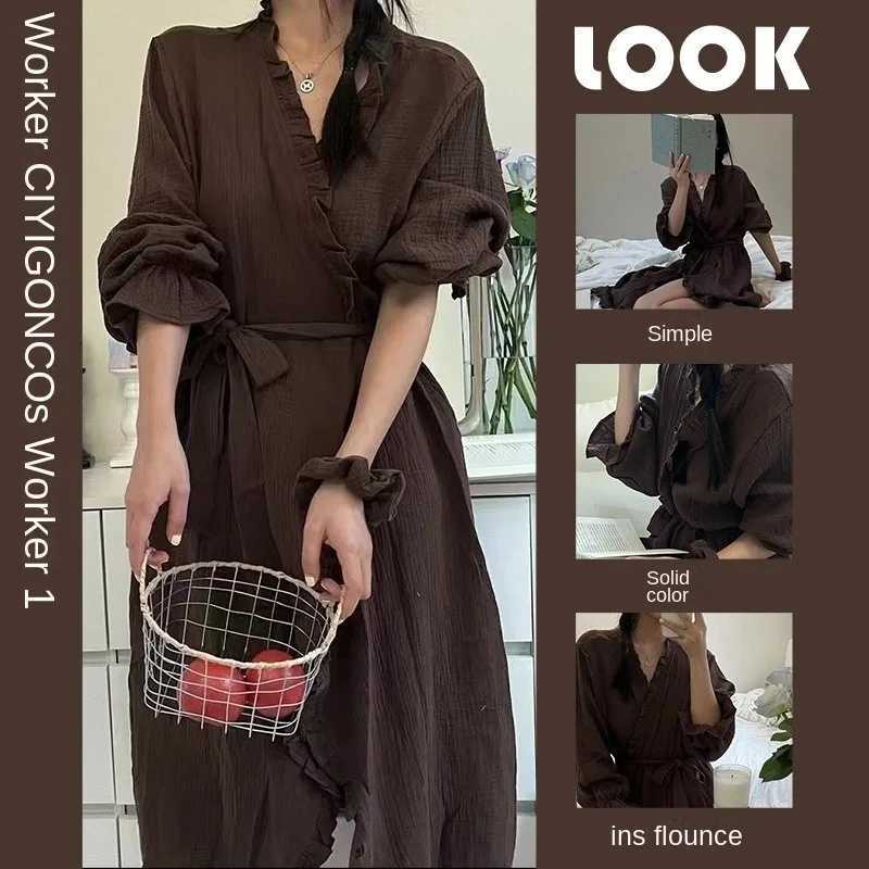 Bathrobe Women Shower Long-Sleeved Robe Autumn and Winter Simple Solid Ruffle Korean Version of the Student Pajamas Bath Rob C251115