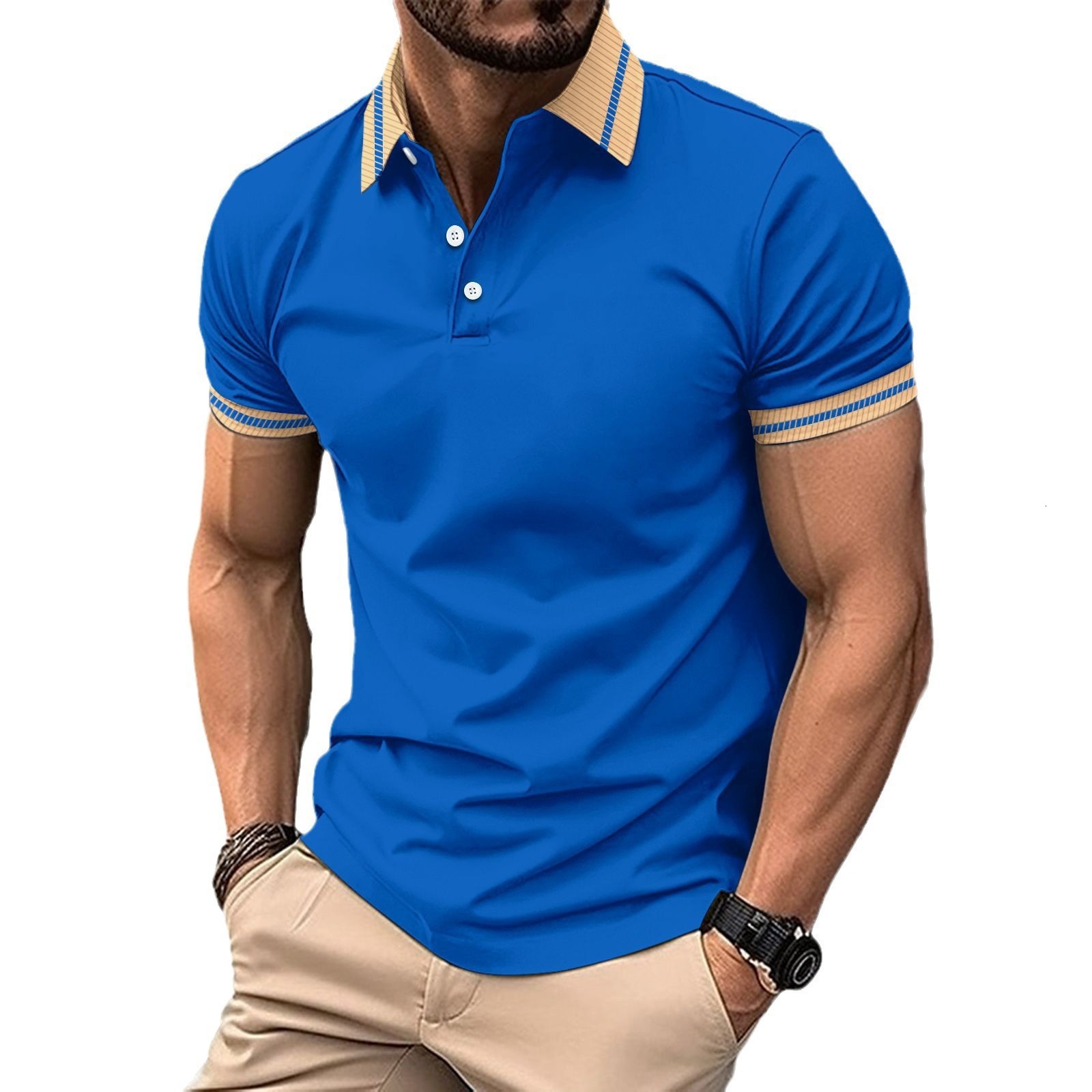 Summer Speed Sale Fashion Mens Polo Shirt Color blocked Button Mens Sports Polo Shirt