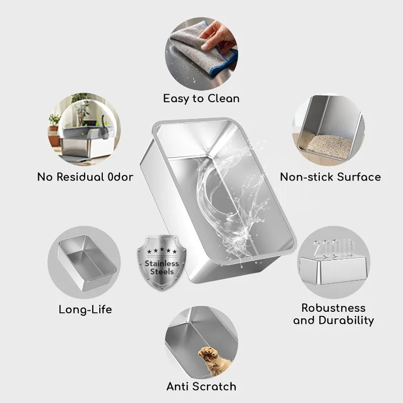 2 Pack Stainless Steel Cat Litter Box with LidXL Large Metal Cat Litter BoxHigh Wall Sided Enclosure Kitty Litter Box 250414