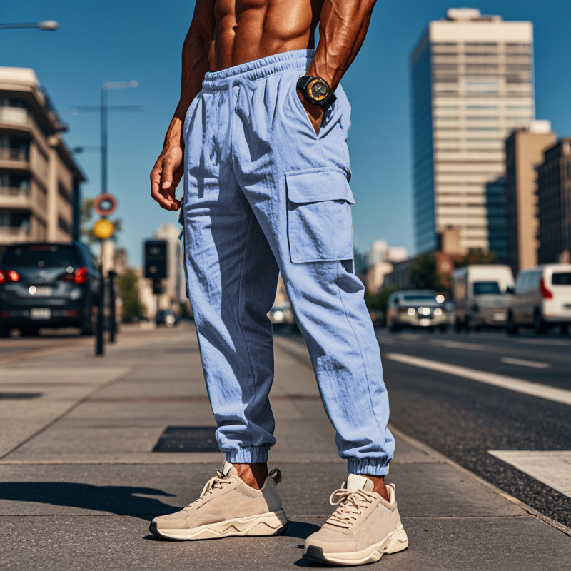 Workwear casual plus size multi pocket wide tube drawstring thin cotton and linen men's pants summer