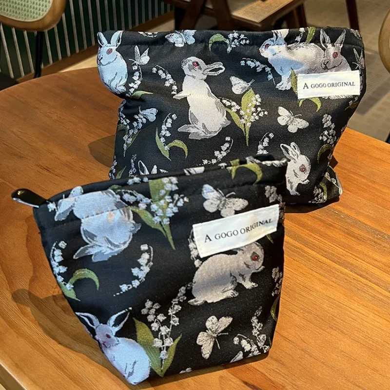 New Black Rabbit Jacquard Flower Makeup Bag Portable Makeup Bag Travel Skincare Bag Makeup BagXJ250415