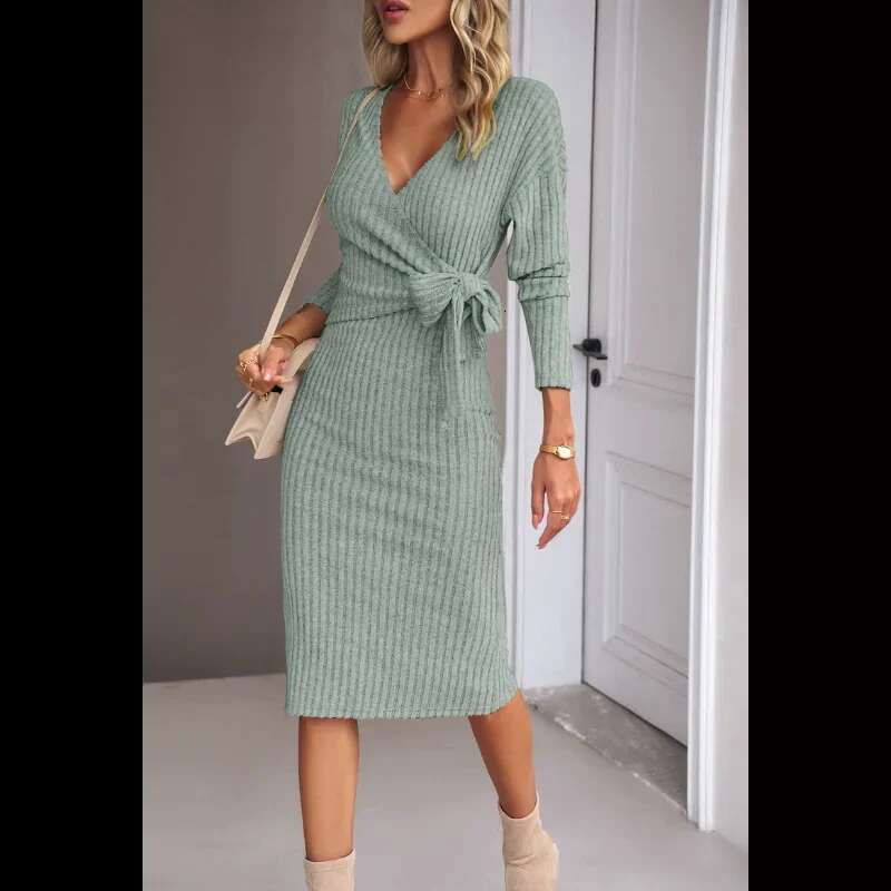 Women's Knitted Dress Long-Sleeved V-Neck Lace-Up Fashion Autumn And Winter Knee-Length Skirt