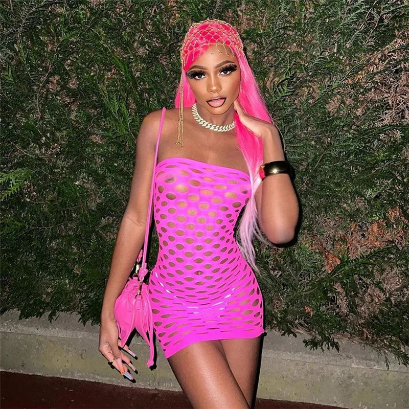 Pink Mini Dress Women Strapless See Through Backless Sleeveless Skinny Vestido Female Party Night Clubwear Mesh Lingerie Dress 250415
