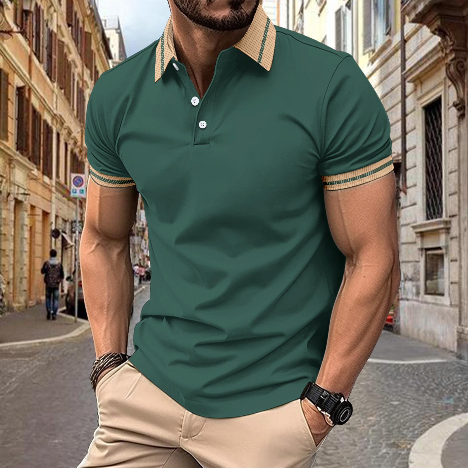 Summer Speed Sale Fashion Mens Polo Shirt Color blocked Button Mens Sports Polo Shirt