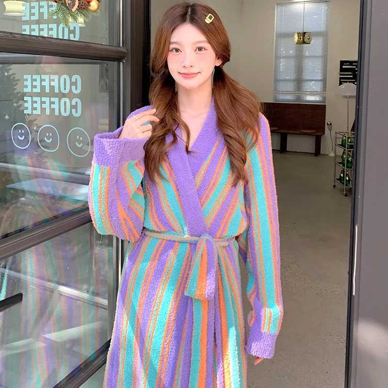 Sweet Lady Winter Long Thick Warm Flannel Striped Bathrobe Soft Velvet Bath Robe Hotel Spa Dressing Gown Women Cozy Sleepwear C251115