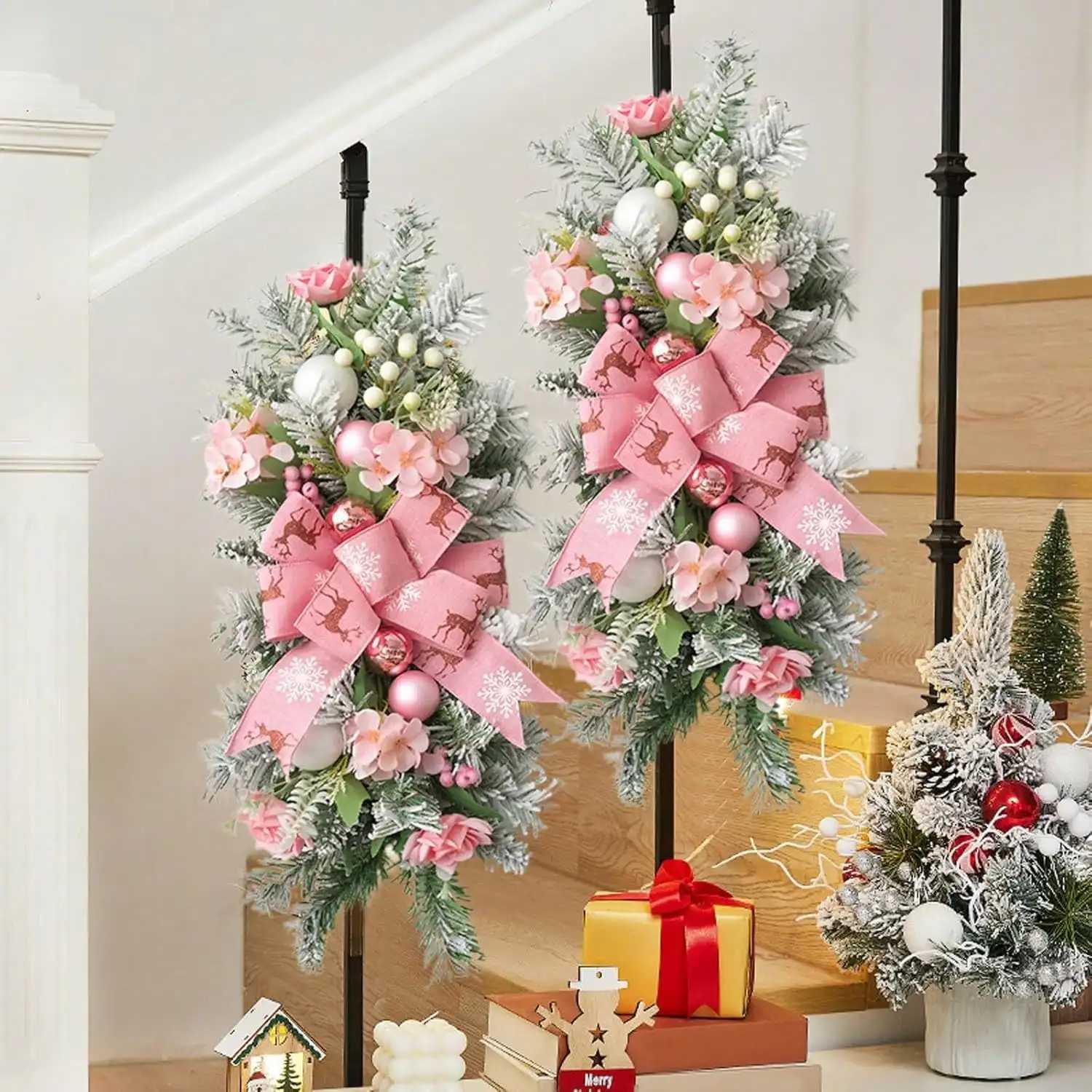 Christmas Plastic Home Decoration Wreath for Stairs and Wall Hanging Decoration Elegant unlit flowers and ribbon embellishmentsM251115