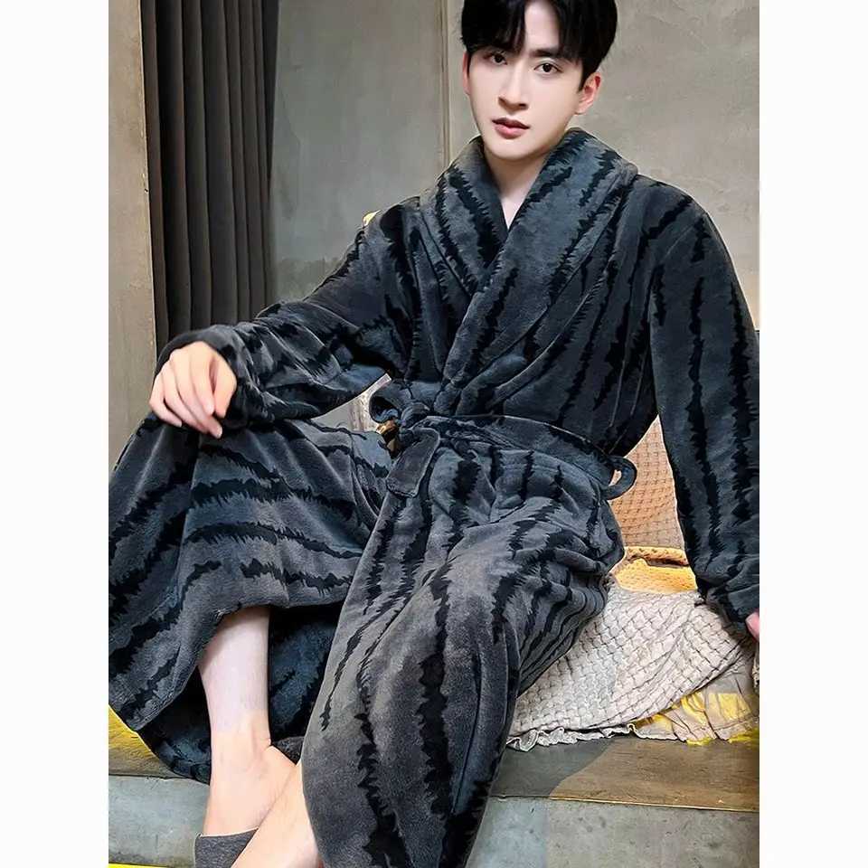 Zebra Stripes Robe for Men Sleepwear Belt Bathrobe Winter Night Wears Warm Fleece Pajama One Piece Nightgown Homewear 2024 New C251115