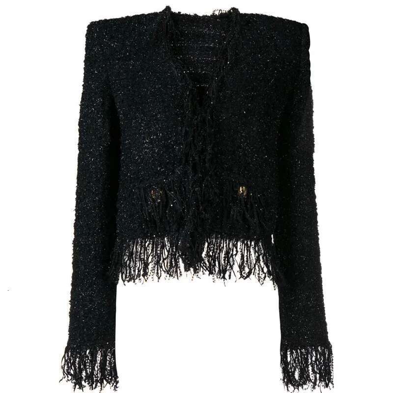 2024 Spring Autumn Black Tweed Edging Cardigans Long Sleeves Collarless Sweater Ladies Gold Buttons Tops Women