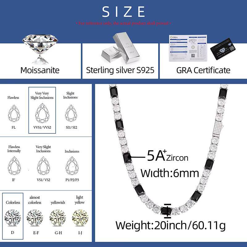 New Arrival Rapper Jewelry Sterling Silver 925 Classic 4 Prong Setting Black Zirconia Tennis Chain for Party