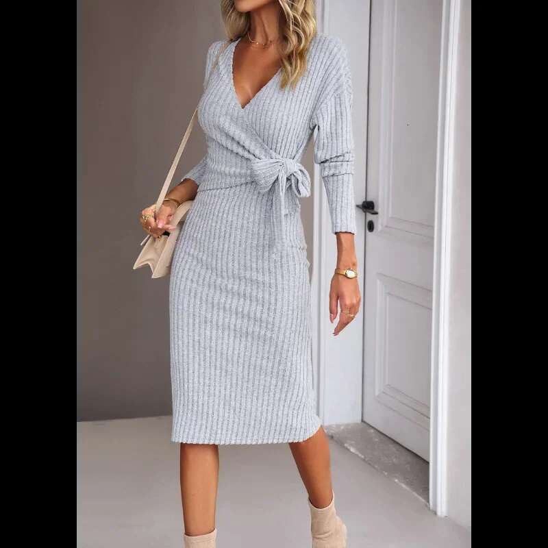 Women's Knitted Dress Long-Sleeved V-Neck Lace-Up Fashion Autumn And Winter Knee-Length Skirt