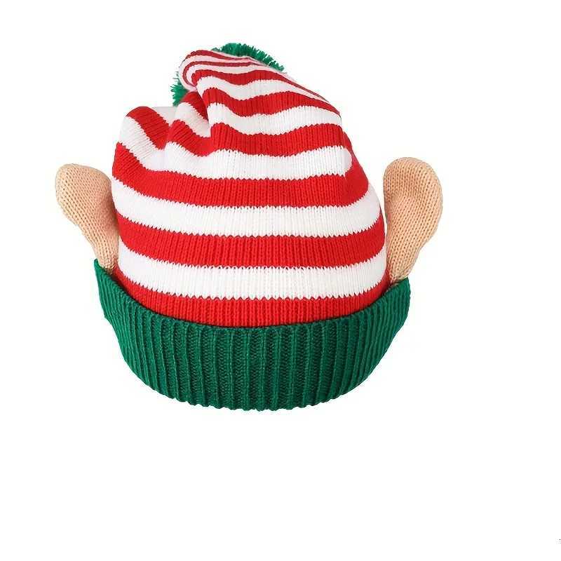 Christmas Striped Knitted Elf Hat with Ear Red Green/Red White Pom Beanie Festive Party Headwear for Women Men Christmas Y251115