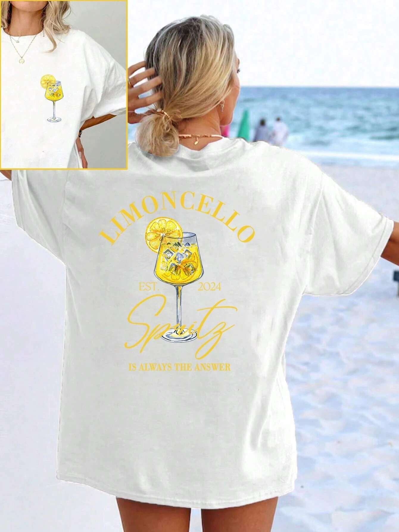"Limoncello Spritz" Lettering Wine Glass Print T-shirt Casual and versatile summer short-sleeved tops for women