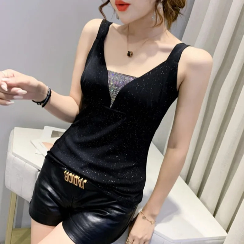 Womens summer top with diamonds ultrathin sleeveless sexy club womens black blue red leopard print tight fitting 250407