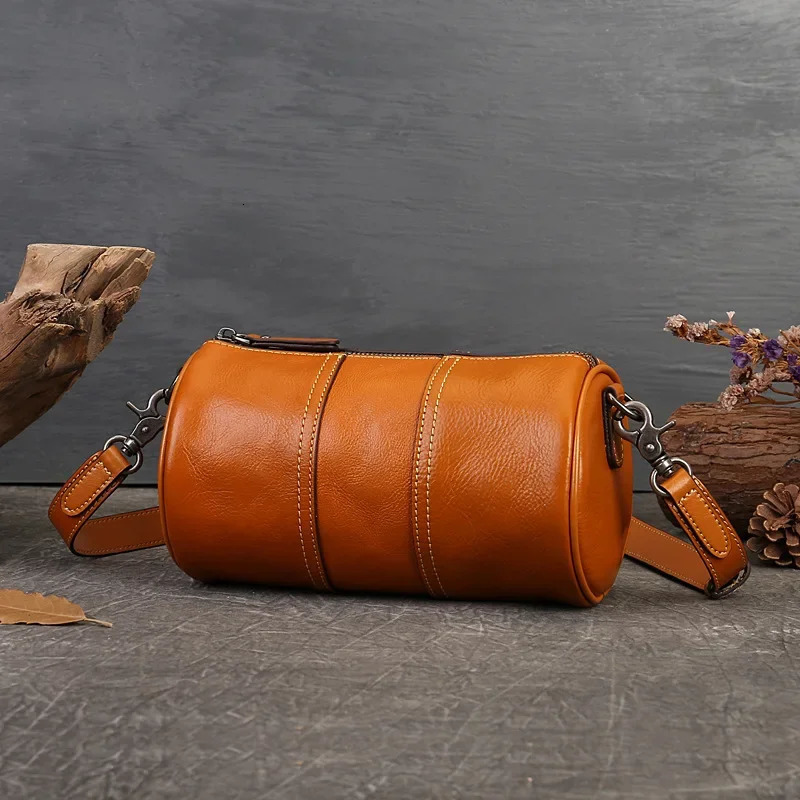 Shoulder bag cylindrical womens bag cow leather cross body large capacity retro ethnic style column bag 250410