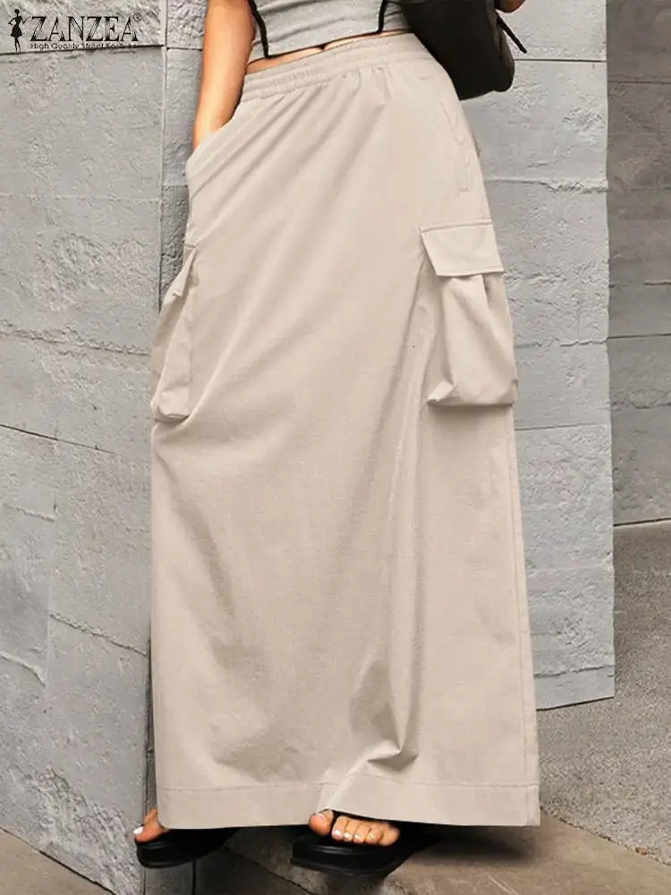 ZANZEA Vintage Cargo Maxi Skirts Women Elegant Loose Jupes Office Big Pockets Jupes Autumn Elastic Waist Skirts Streetwear 250409