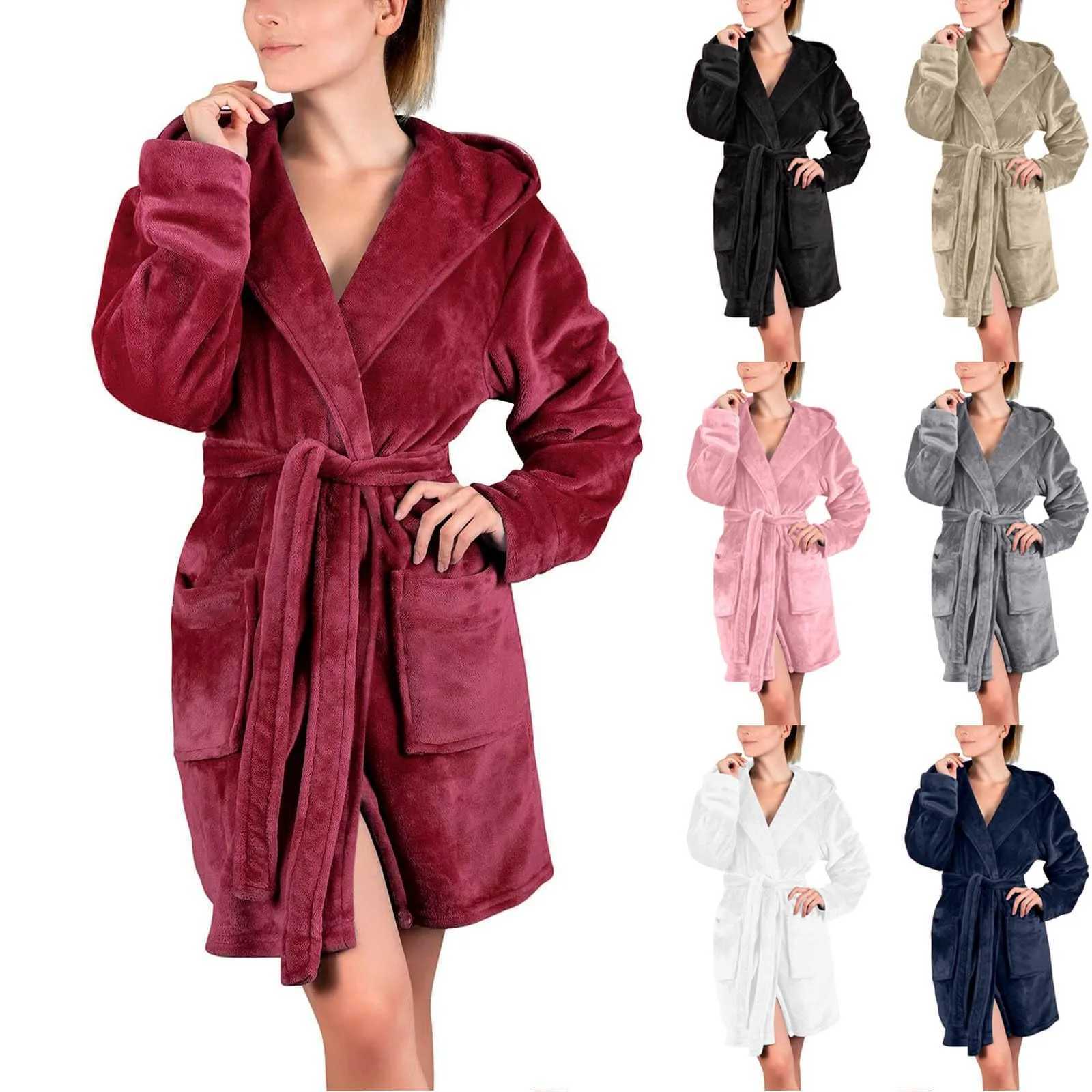 Autumn and Winter New Coral Fleece Hooded Sleepwear Womens Solid Color Sleeping Robe Home Thickened Clothes Bathrobe C251115