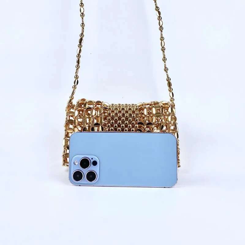 New Niche Design Gold Chain Mobile Phone Zero Wallet Women's Handmade Beaded Woven Crossbody Bag Lady Handbags