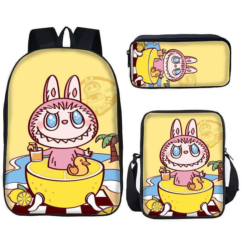 New Labubu Student Pullcloth Pattern Backpack Shoulder Pen Lunch Bag 3-Piece Set