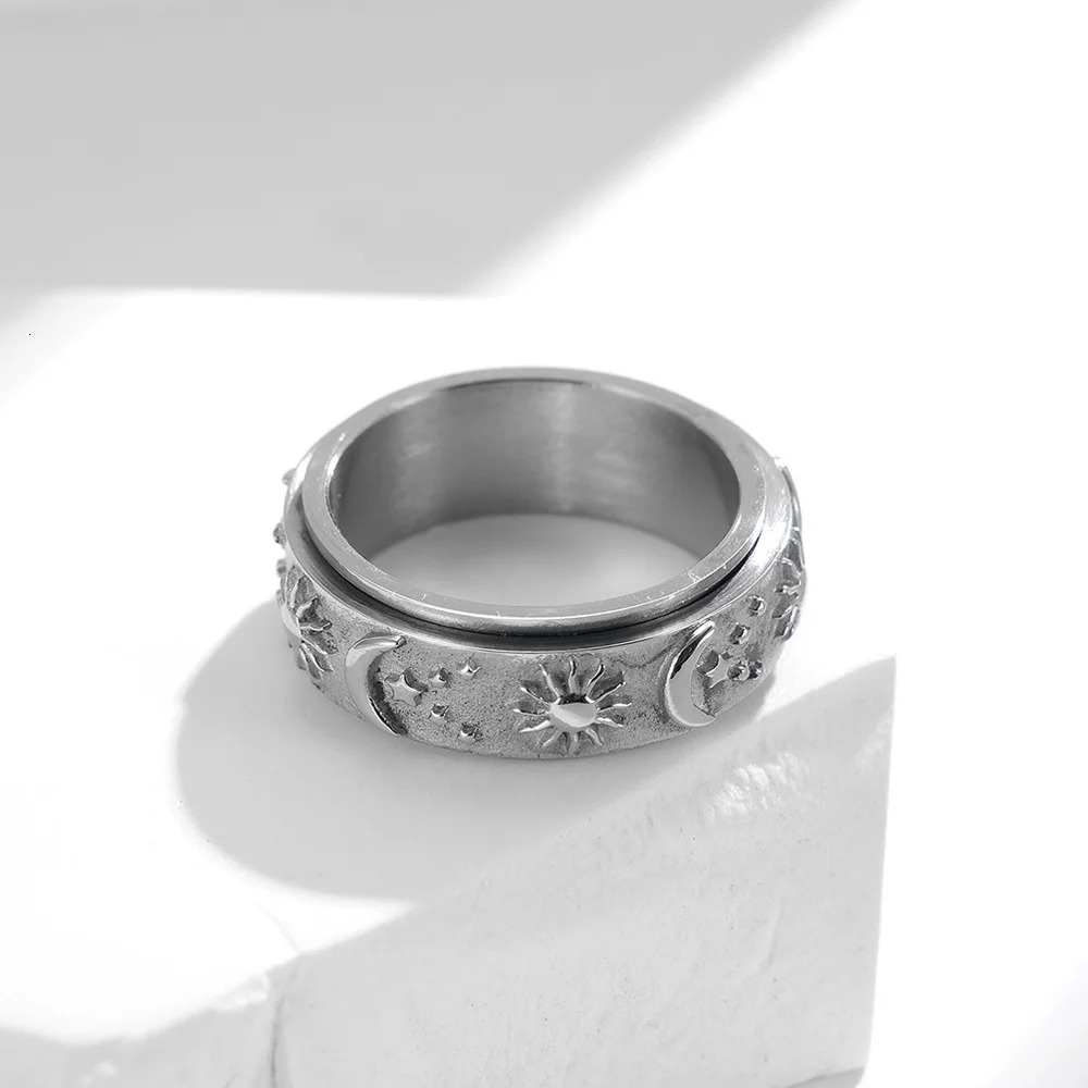 Spinner Ring with Stars Moon Sun Steel Rotating Fidget Jewelry for Anxiety Relief Stress Relief Gift for Men 251113
