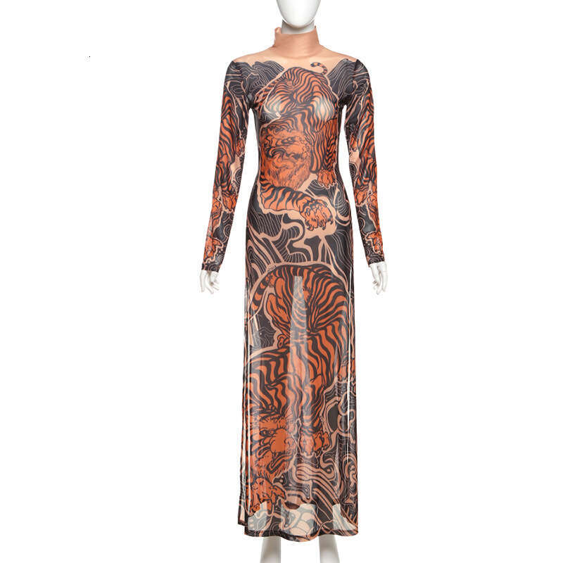 Women's Wear Spring New Women's Personalized Street Fashion Printed Mesh Half Collar High Fork Long Top