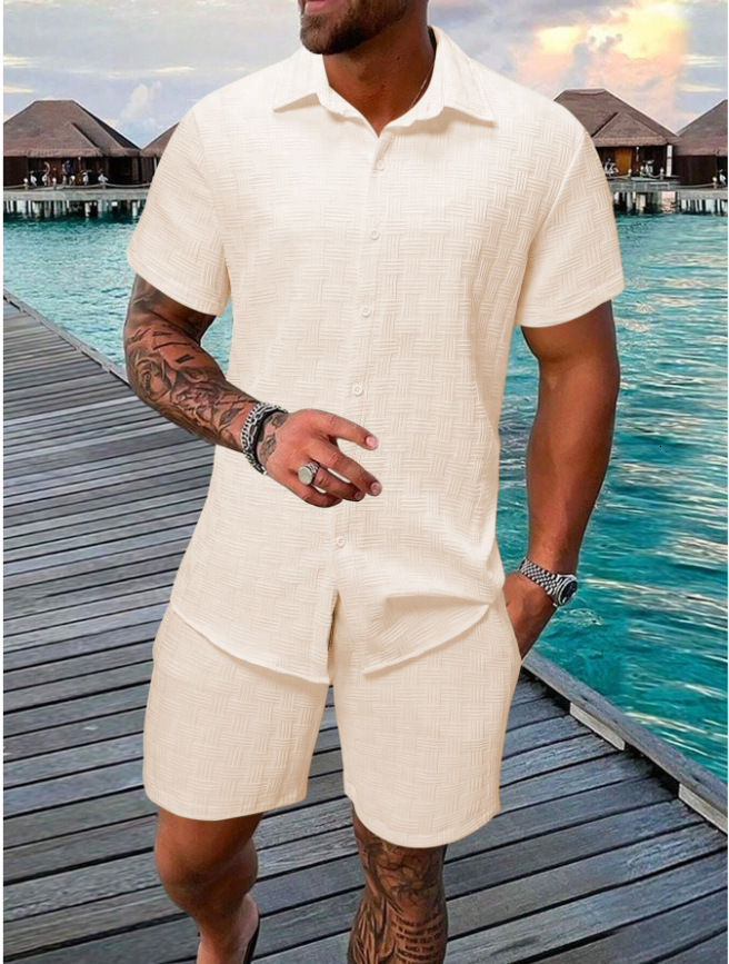 2025 Summer Jacquard Black and White Solid Color Set Short Sleeve Mens Vacation Casual Style Shirt Shorts Two Piece Set