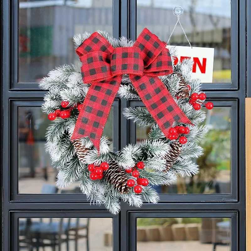 30/40/45cmArtificial Christmas Wreath Winter Greenery Wreath with Red Berries And Velvet Bow Front Door Holiday Porch Wall DecorM251115