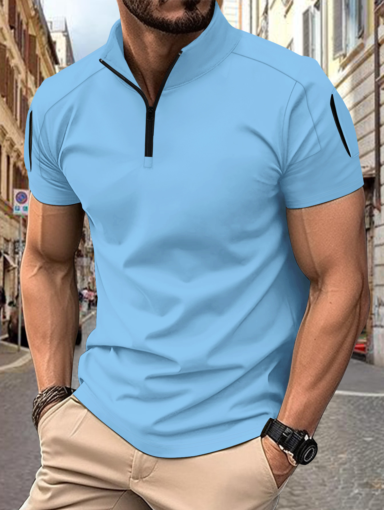 Mens POLO Summer Daily Casual Tactical Training Splicing Arm Pocket Stand up Collar Solid Color Short Sleeve