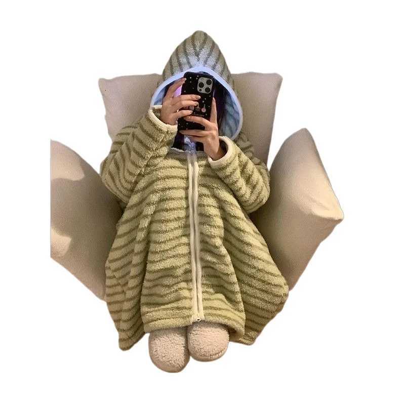Striped Robe Women Korean One Piece Pajamas Hooded Nightgown Winter Zipper Fleece Thickened Warm Loungewear Home Suit 20250New C251115