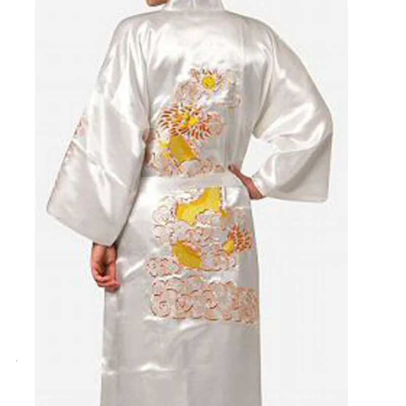 Navy Blue Chinese Mens Satin Silk Robe Embroidery Kimono Bath Gown Dragon Size S M L XL XXL XXXL C251115