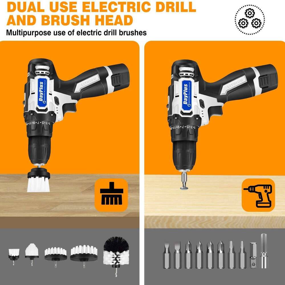 Dayplus 2-In-1 Cordless Drill & Electric Spin Scrubber Cleaning Combi Set W/Battey And Charger 25+1 Keyless,6Pcs Brush