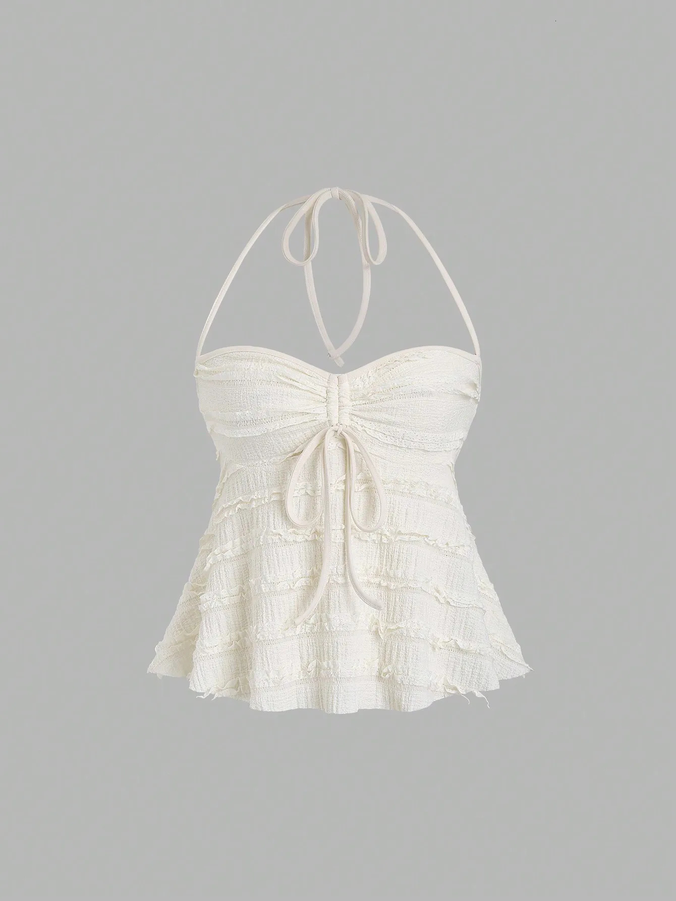 Womens Summer Fashion Casual Almond Brushed Collar Knitted Lace Texture Short Pendant Top 250414Z