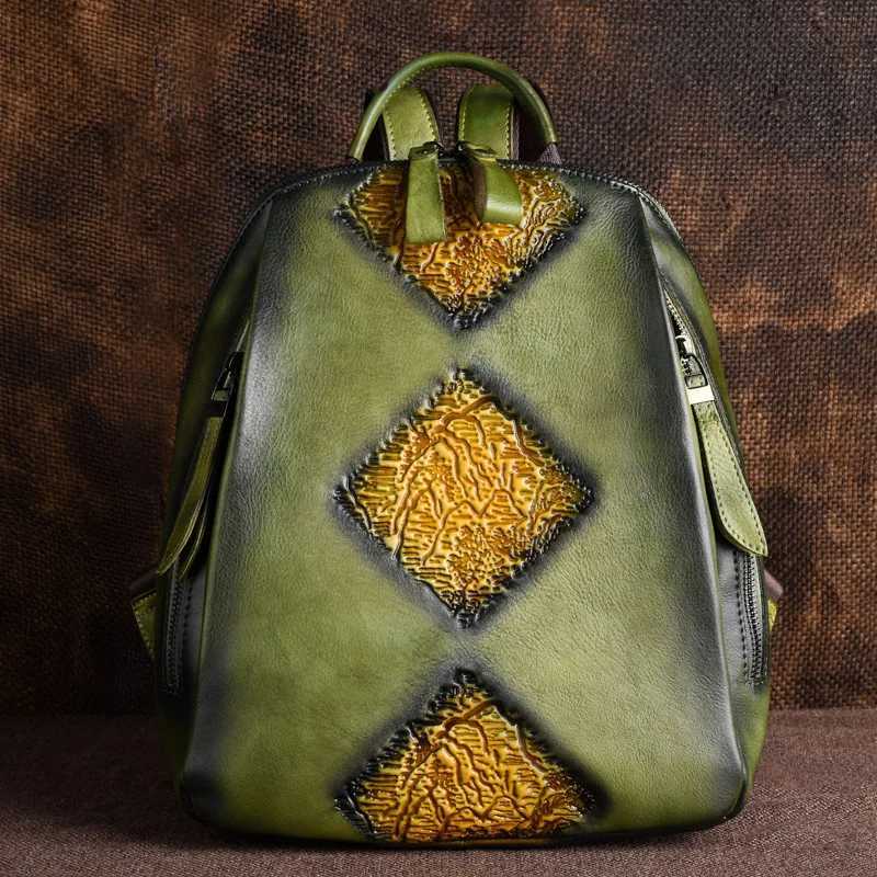 Handmade Retro Embossed Floral Backpack For Women Genuine Cowhide Leather Fashion Women Bag Solid Color Muti-function BackpacksW251114