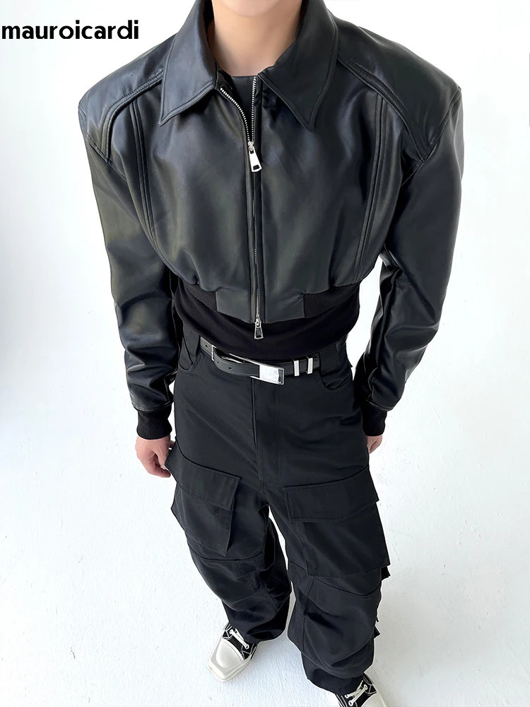 Mauroicardi Spring Autumn Cropped Pu Leather Jacket Men Long Sleeve Zipper er Clothes Runway European Fashion 250409