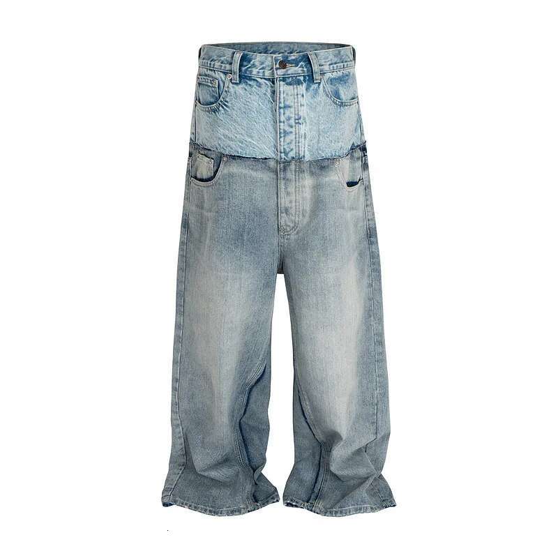 Niche Colorblock Patchwork Wide Leg Blue Jeans Men's Spring 2025 New Straight Double Waist Design Denim Trousers 28W6048