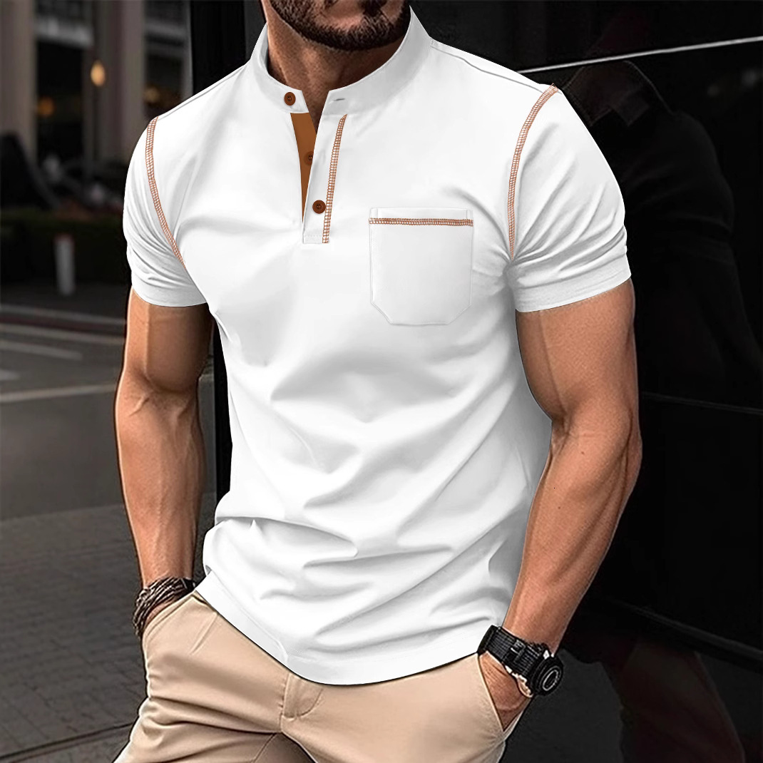 Ins summer mens polo shirt with stand up collar pocket mens sports polo shirt