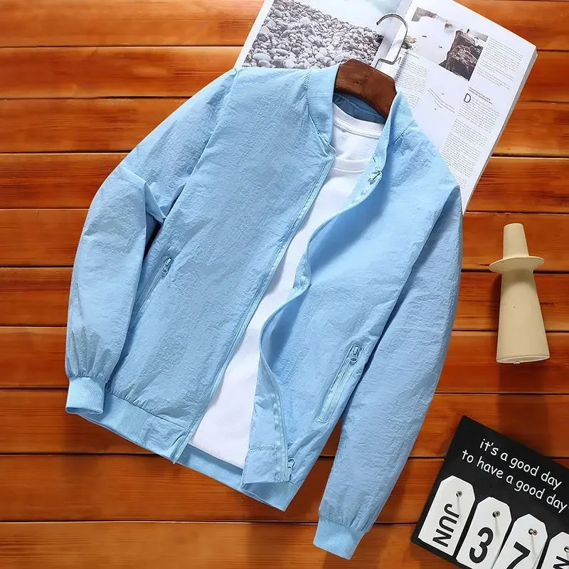 Summer Round Neck Long Sleeve Threaded Zipper Jacket Mens Solid Color Pocket Casual Sunscreen Clothing 250415