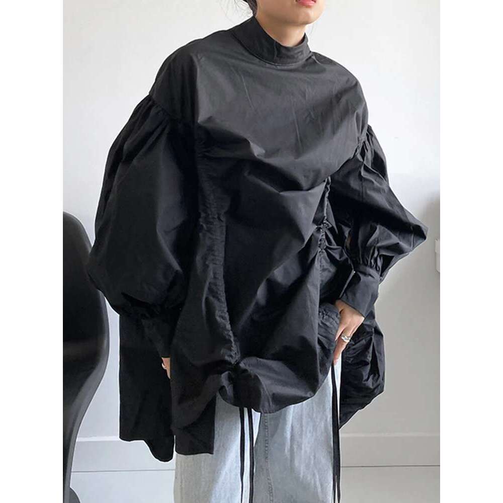 EAM Women Irregular Drawstring Big Size White Blouse New Stand Collar Long Sleeve Shirt Fashion Tide Spring Autumn 2025 1Z189