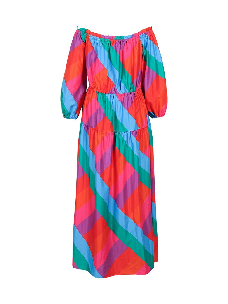 Large size womens 2025 summer sexy printed strapless long sleeved dress with colorful polyester on sale 250407