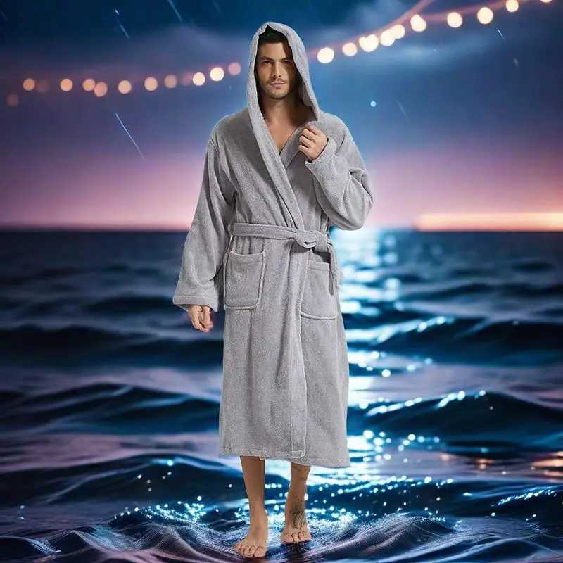 100 Cotton Hooded Bathrobe Men Long Terry Towel Big and Tall Towel Bathrobe Male Terry Cloth Bath Robe Sleeping Dressing Gown C251115