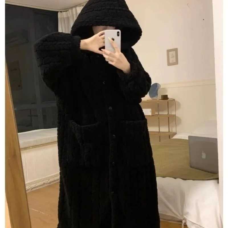 Black Robe for Women Sleepwear Winter Nightdress Night Wears Warm Fleece Pajama One Piece Nightgown Hooded Sleeping Homewear C251115