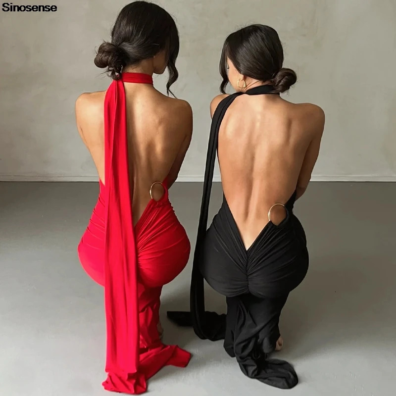 Womens elegant evening gown party cocktail long skirt sexy backless open pleated slim fit formal wedding guest Maxi dress 250414