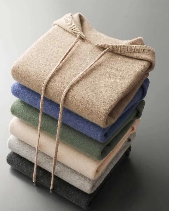 New Autumn Winter Mens Cashmere Hoodie Sweater 100% Merino Wool Hooded Pullover Large Size Knitwear Quality Soft Casual JumpersX240911