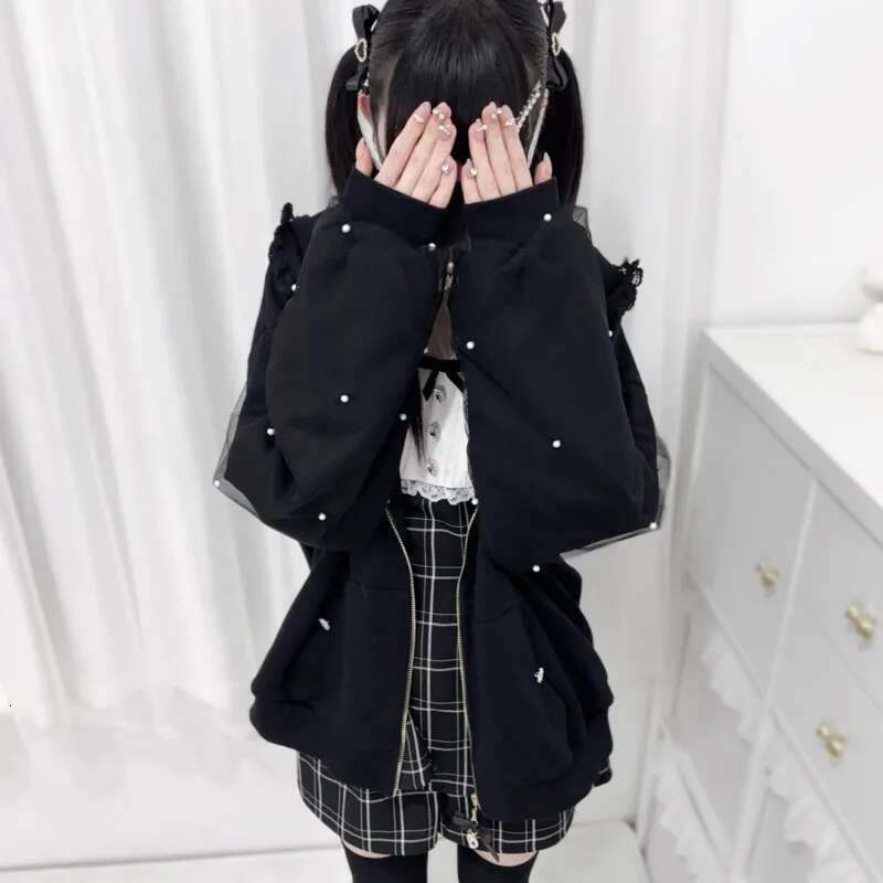 Bunny Hoodies Y2k Rabbit Ear Hoodie Lolita Jacket Bow Girls Pearl JK Japan Lace Kawaii Zipper Cardigan Long Sleeved Top