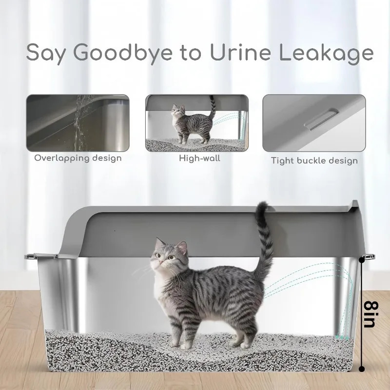 2 Pack Stainless Steel Cat Litter Box with LidXL Large Metal Cat Litter BoxHigh Wall Sided Enclosure Kitty Litter Box 250414